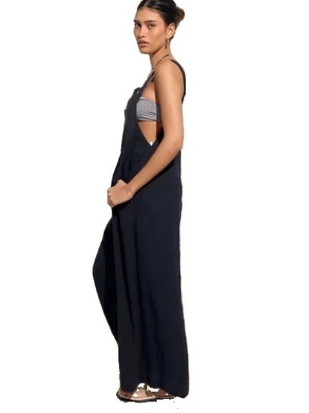 Free People Sun-Drenched Overalls Black Sz L Wide Leg Boho Woven Textured